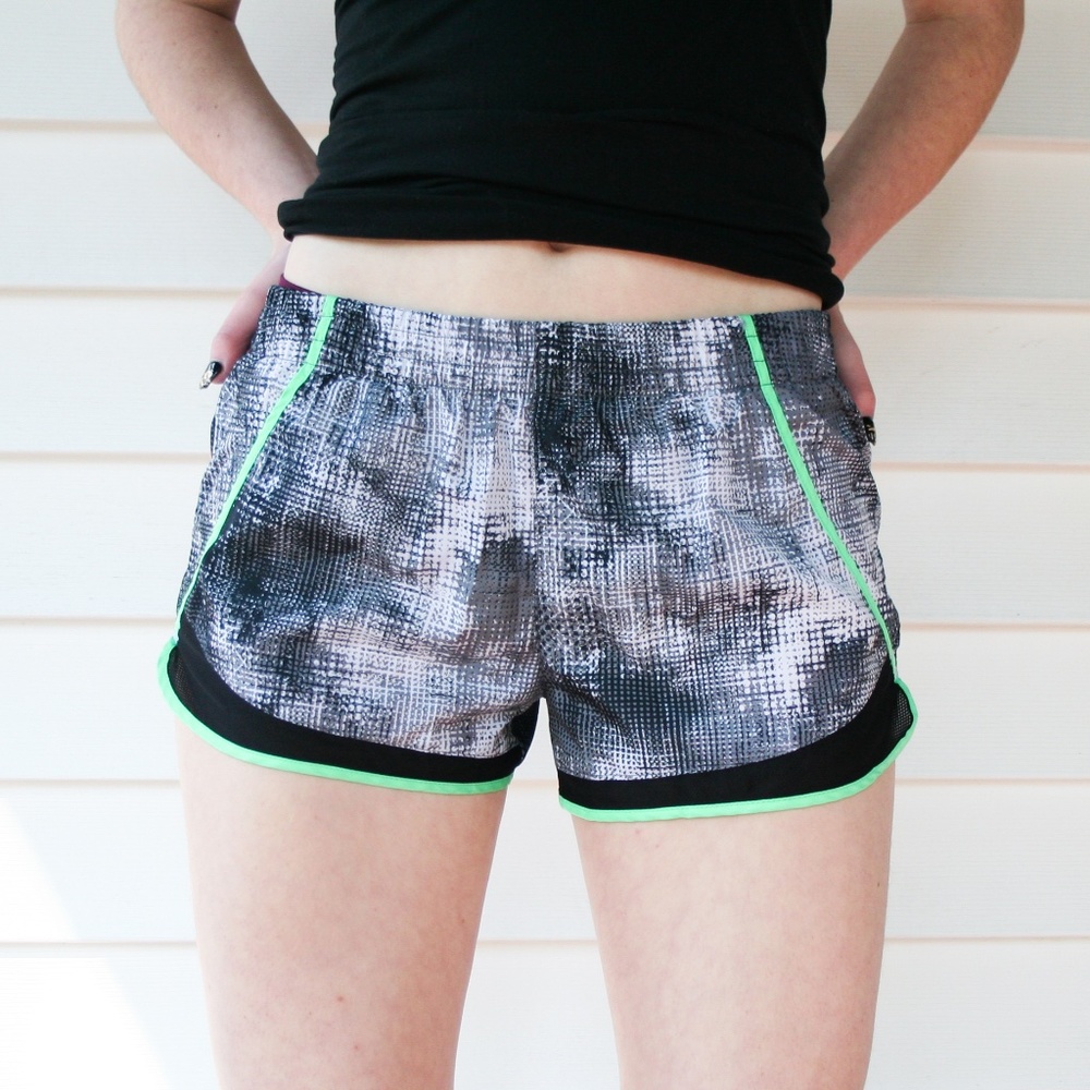 M Grey and White Running Shorts with Green Stripe